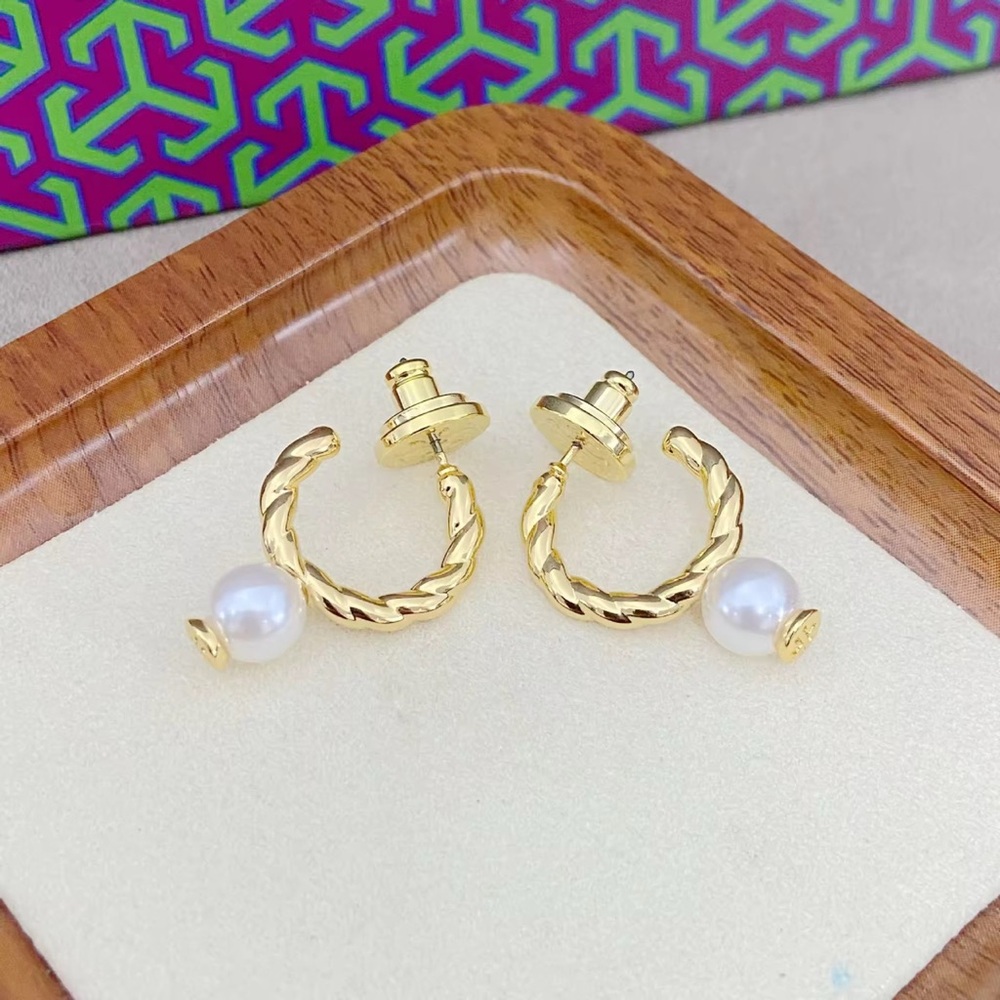 Tory Burch Gold Twisted Hoop Earrings with Pearl